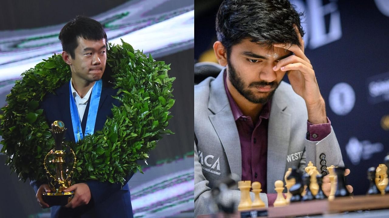 <div class="paragraphs"><p>Ding Liren (L) with the world championship title' D Gukesh (L-R). </p></div>